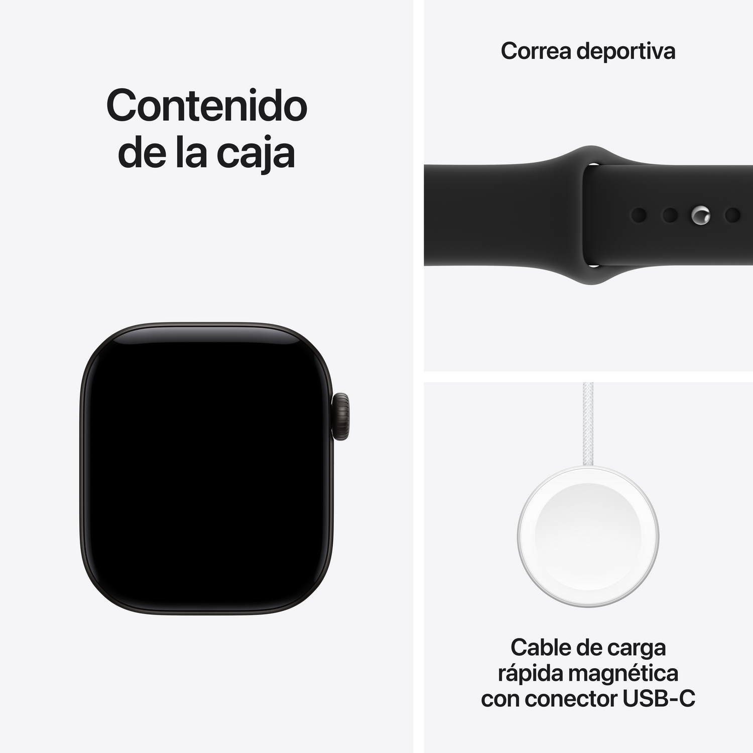 Contenido de la caja: Reloj inteligente negro, correa deportiva negra y cable de carga rápida USB-C magnético.