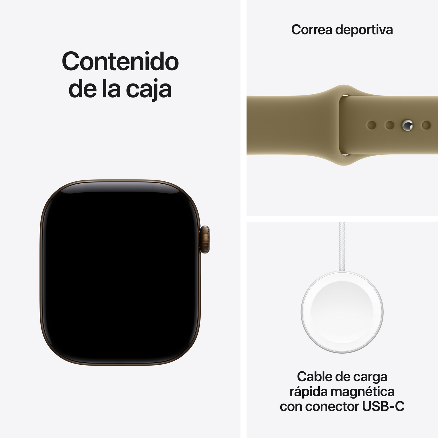 Contenido de la caja: reloj inteligente, correa deportiva y cable de carga rápida magnética con USB-C.
