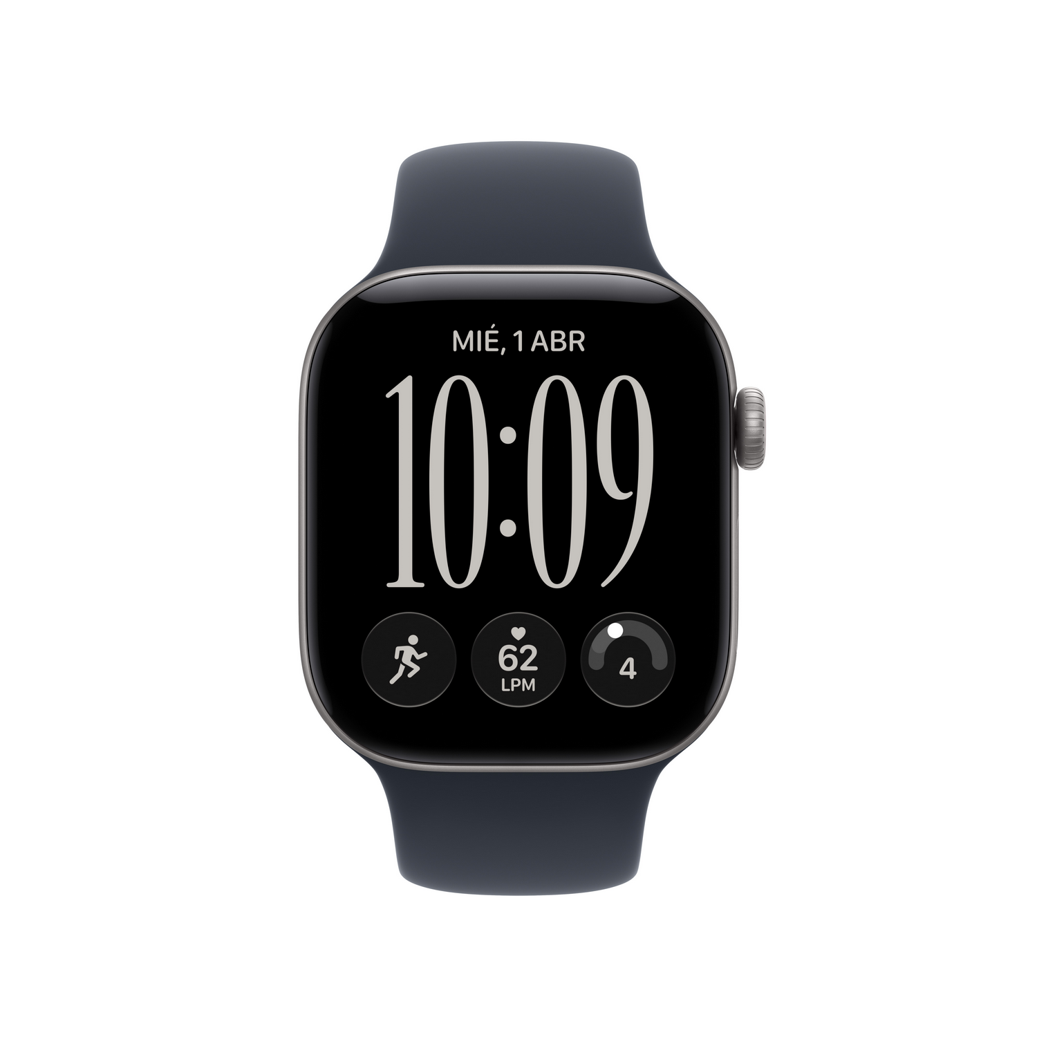 Un reloj inteligente negro con correa gris oscura muestra la hora 10:09 y datos de actividad.