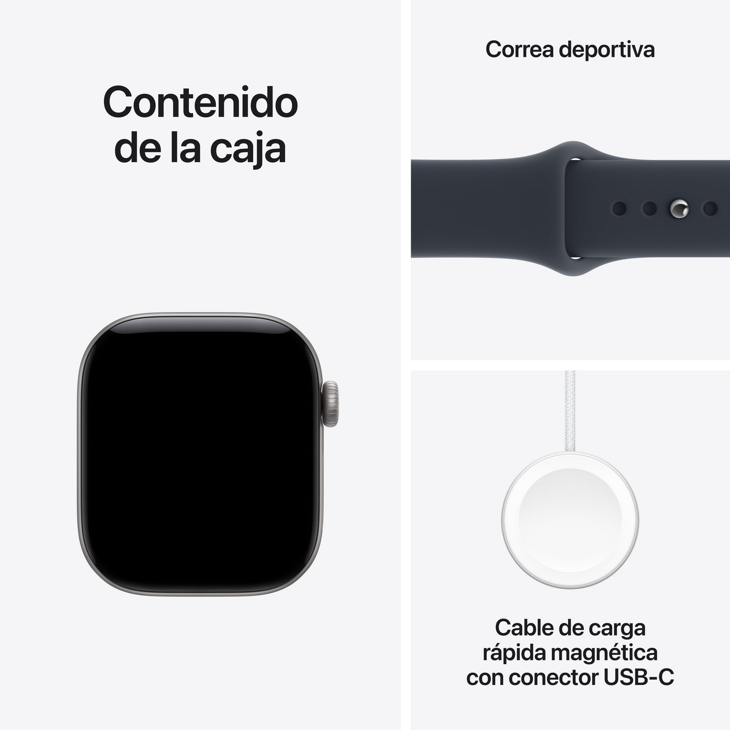 Contenido de la caja: smartwatch, correa deportiva y cable de carga rápida magnética USB-C.