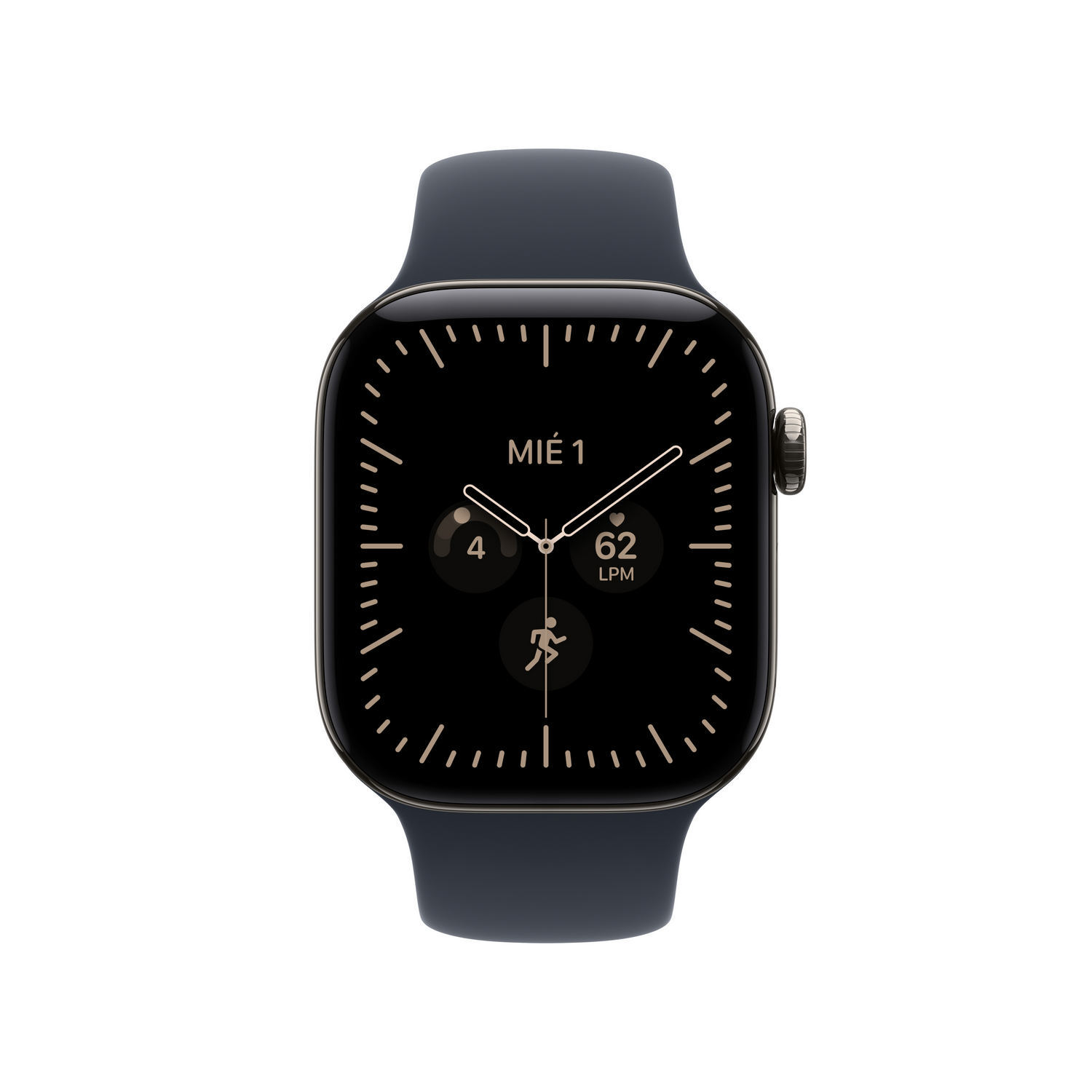 Un reloj inteligente negro con correa oscura muestra una esfera analógica con manecillas y datos de salud.