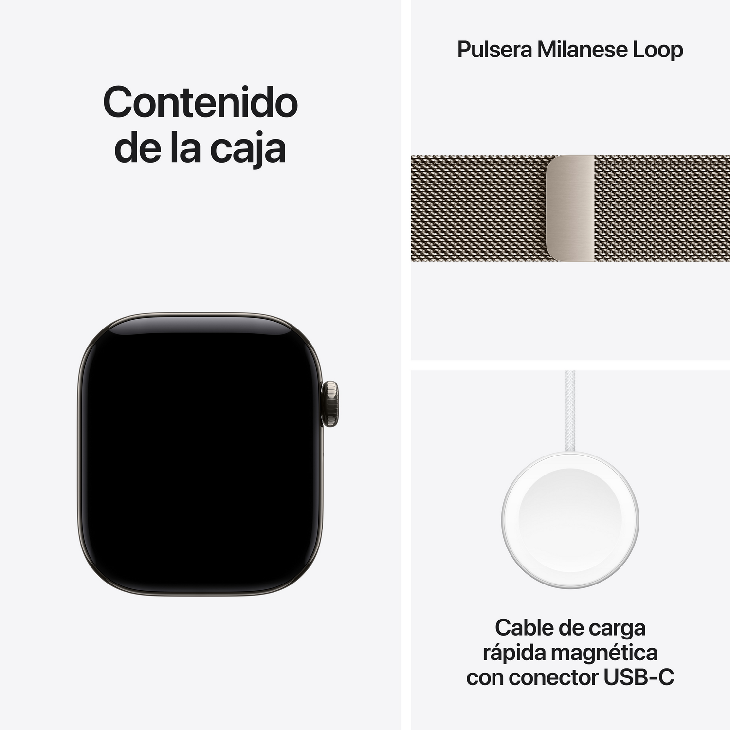 Contenido de la caja con reloj inteligente, pulsera Milanese Loop y cable de carga.