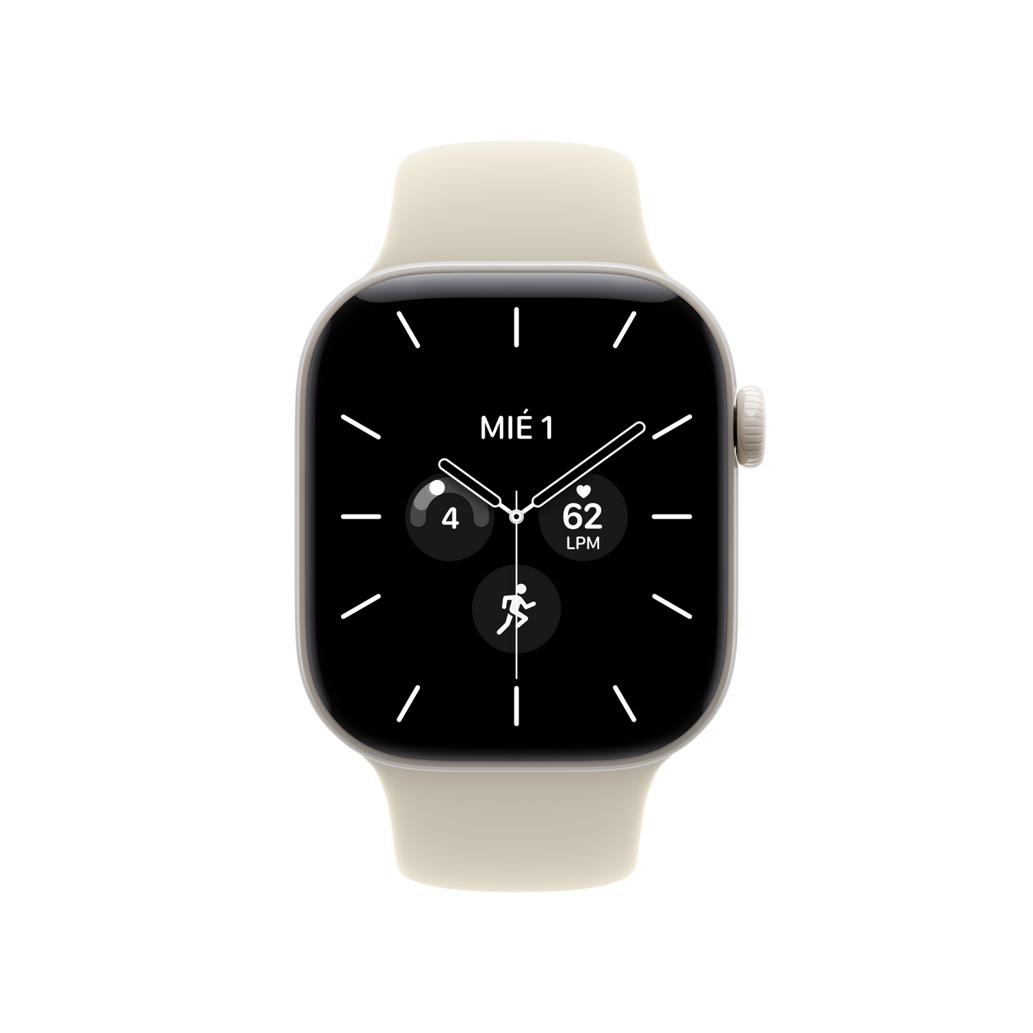 Un reloj inteligente beige con pantalla digital negra que muestra la hora y datos de actividad.