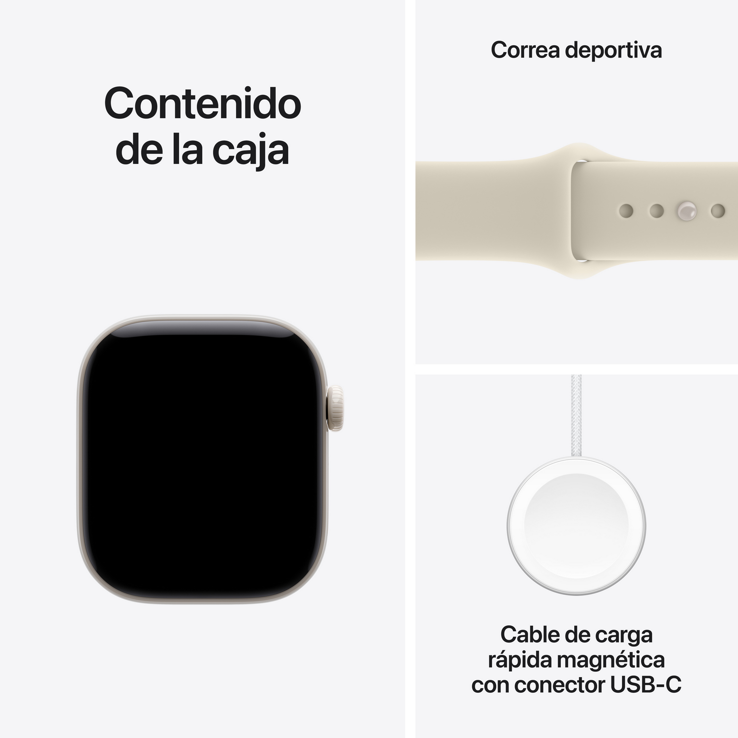 Contenido de la caja: Un reloj inteligente, una correa deportiva y un cable de carga rápida magnética USB-C.