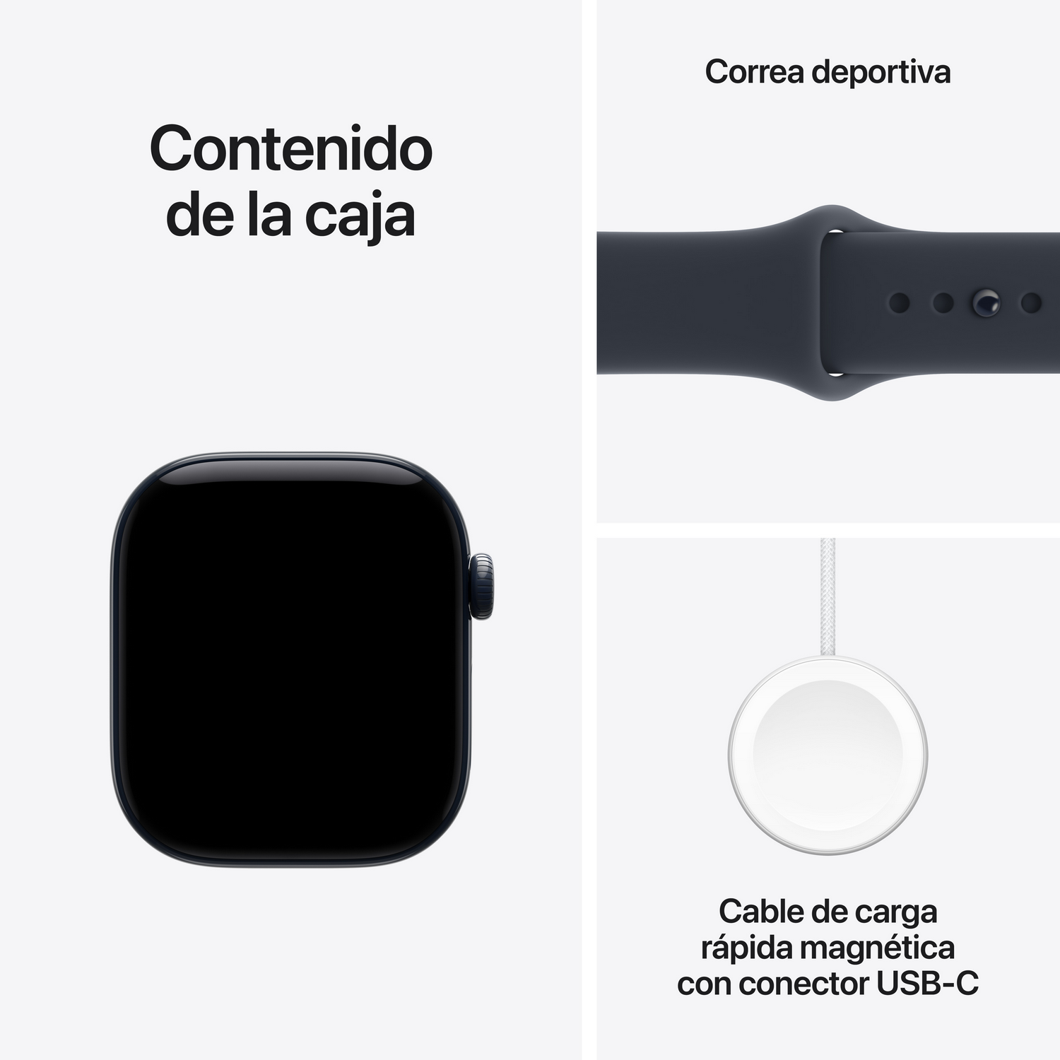 Contenido de la caja: reloj inteligente, correa deportiva y cable de carga magnética.