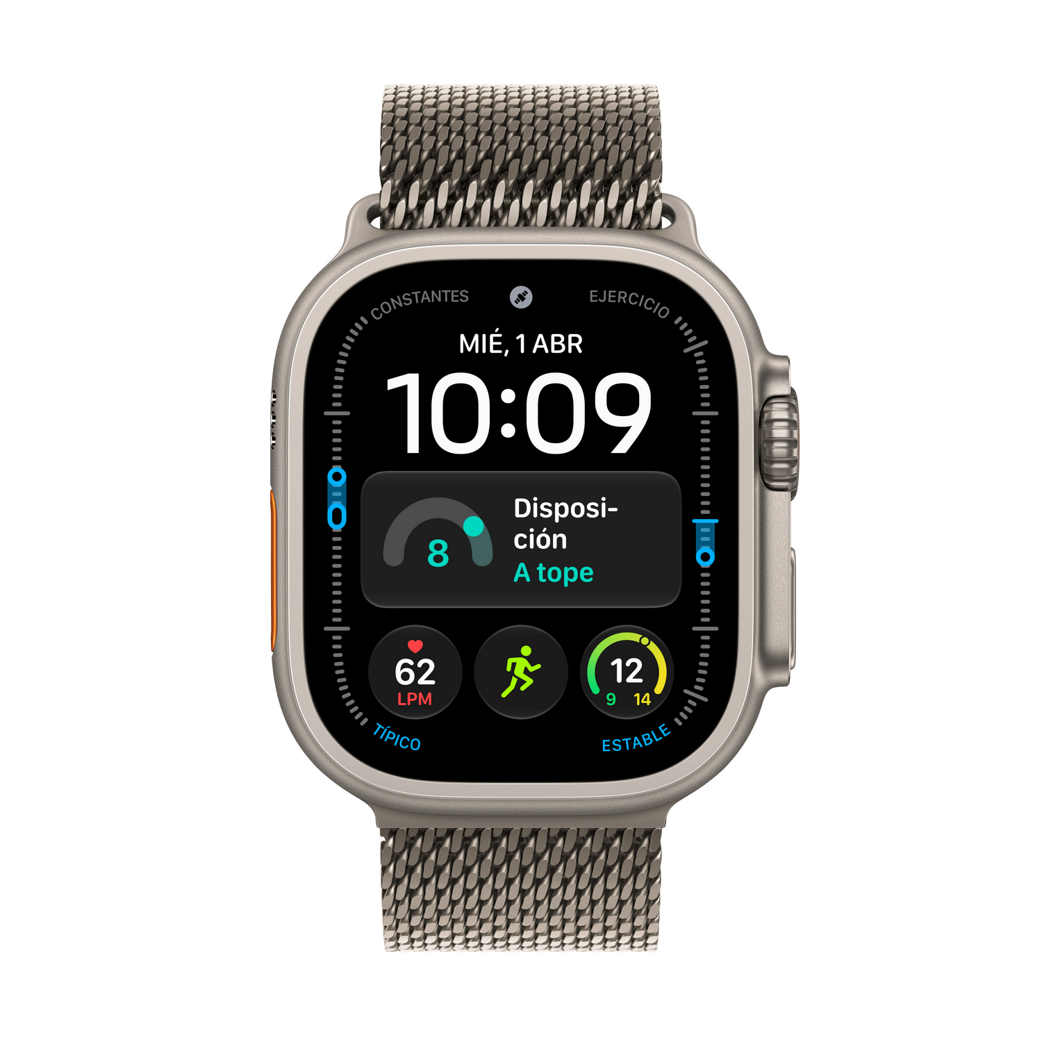 Un reloj inteligente gris con correa de malla y pantalla digital.