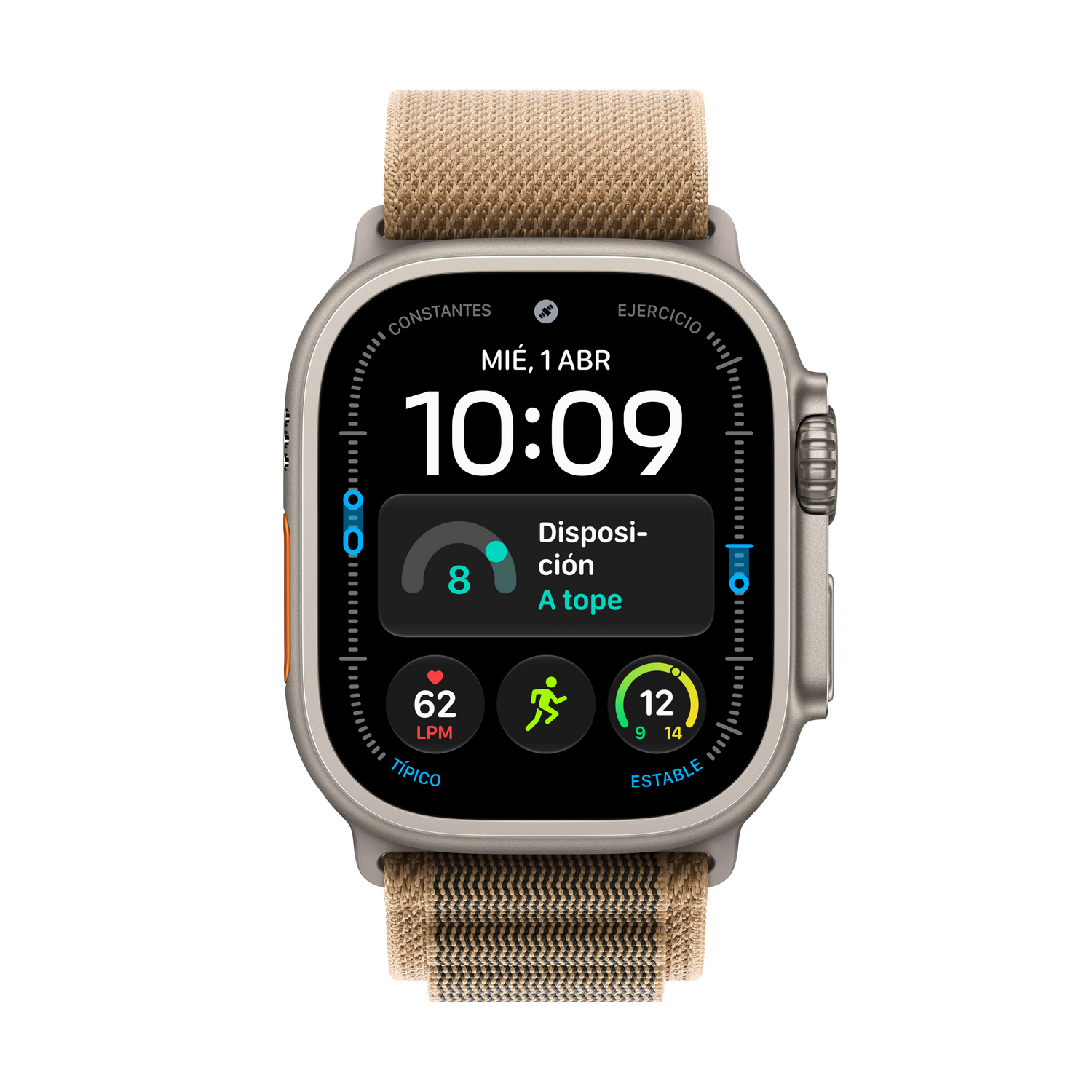 Un Apple Watch Ultra con correa de tela beige y esfera digital negra con datos de fitness.