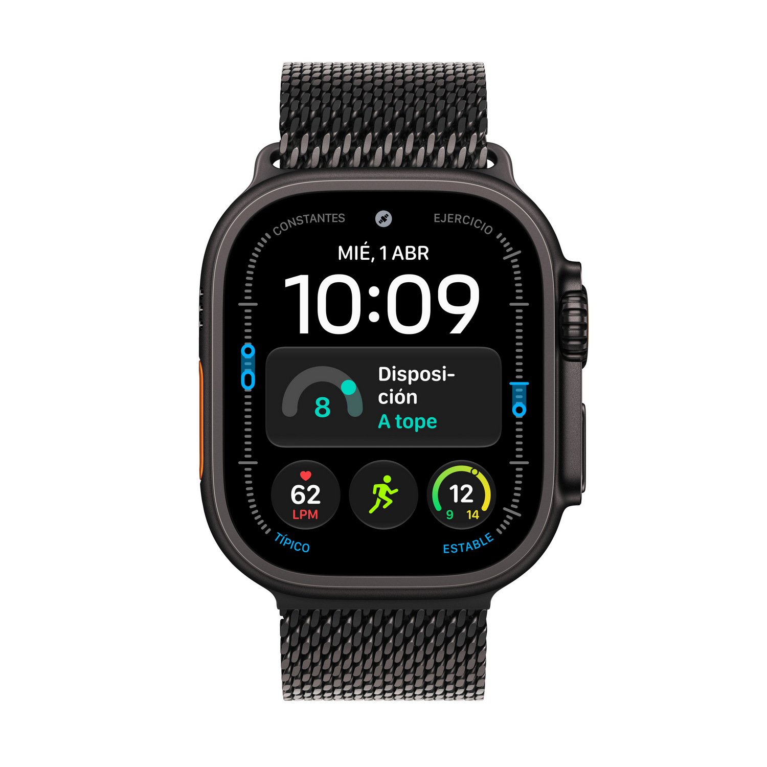 Un reloj inteligente negro con correa de malla metálica muestra la hora 10:09 y datos de salud en su pantalla.