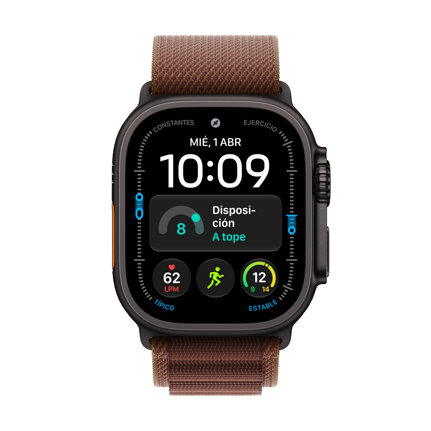 Un reloj inteligente con correa de tela marrón muestra la hora, la frecuencia cardíaca y datos de fitness.