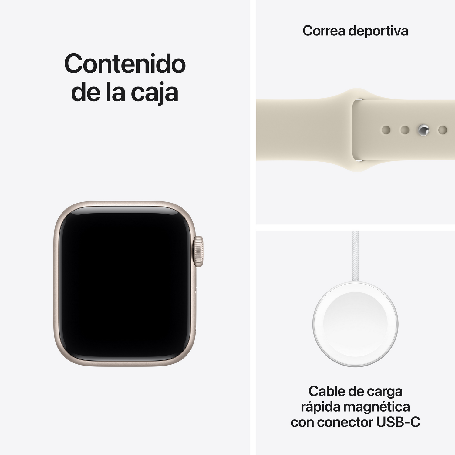 Contenido de la caja del Apple Watch con reloj, correa deportiva y cable de carga magnética USB-C.