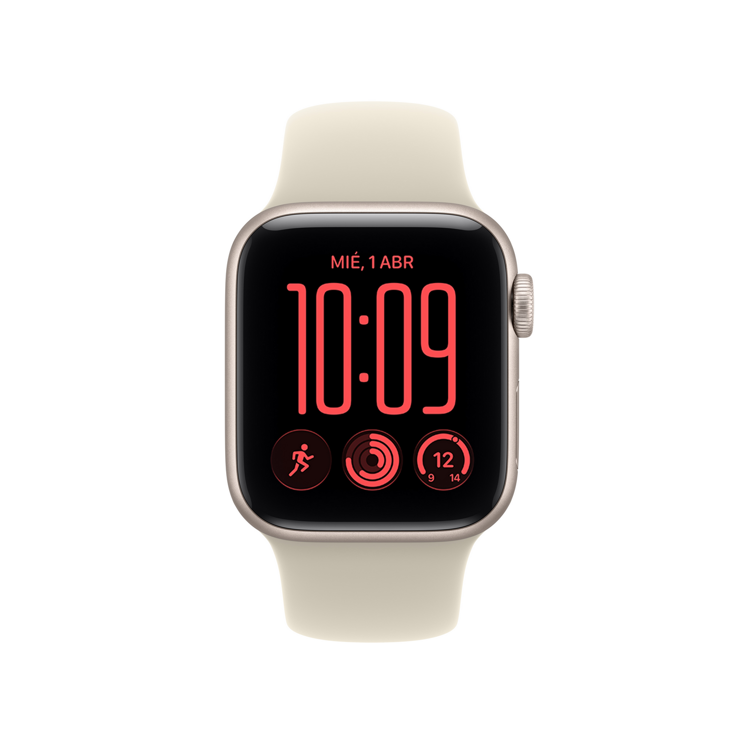 Un reloj inteligente con correa clara y esfera digital muestra las 10:09 y anillos de actividad rojos.