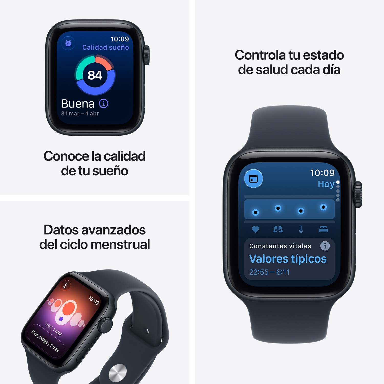 Tres relojes inteligentes sobre fondo blanco muestran datos de salud como sueño, ciclo menstrual y constantes vitales.