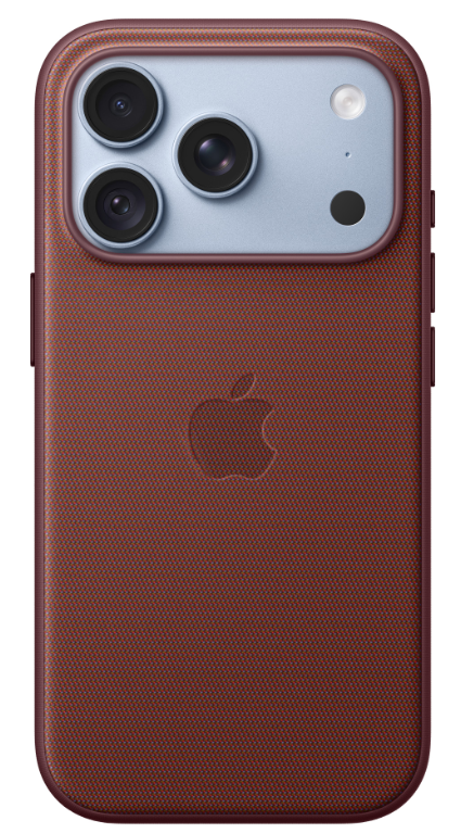 Tył brązowego etui na telefon Apple z trzema aparatami i wytłoczonym logo.