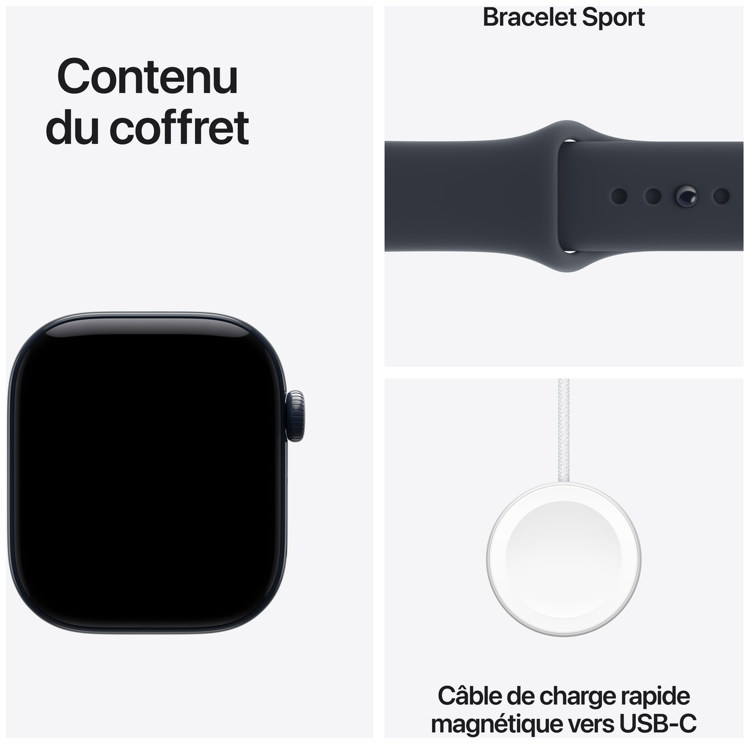 Contenu du coffret montrant une montre connectée noire, un bracelet sport et un câble de charge rapide.