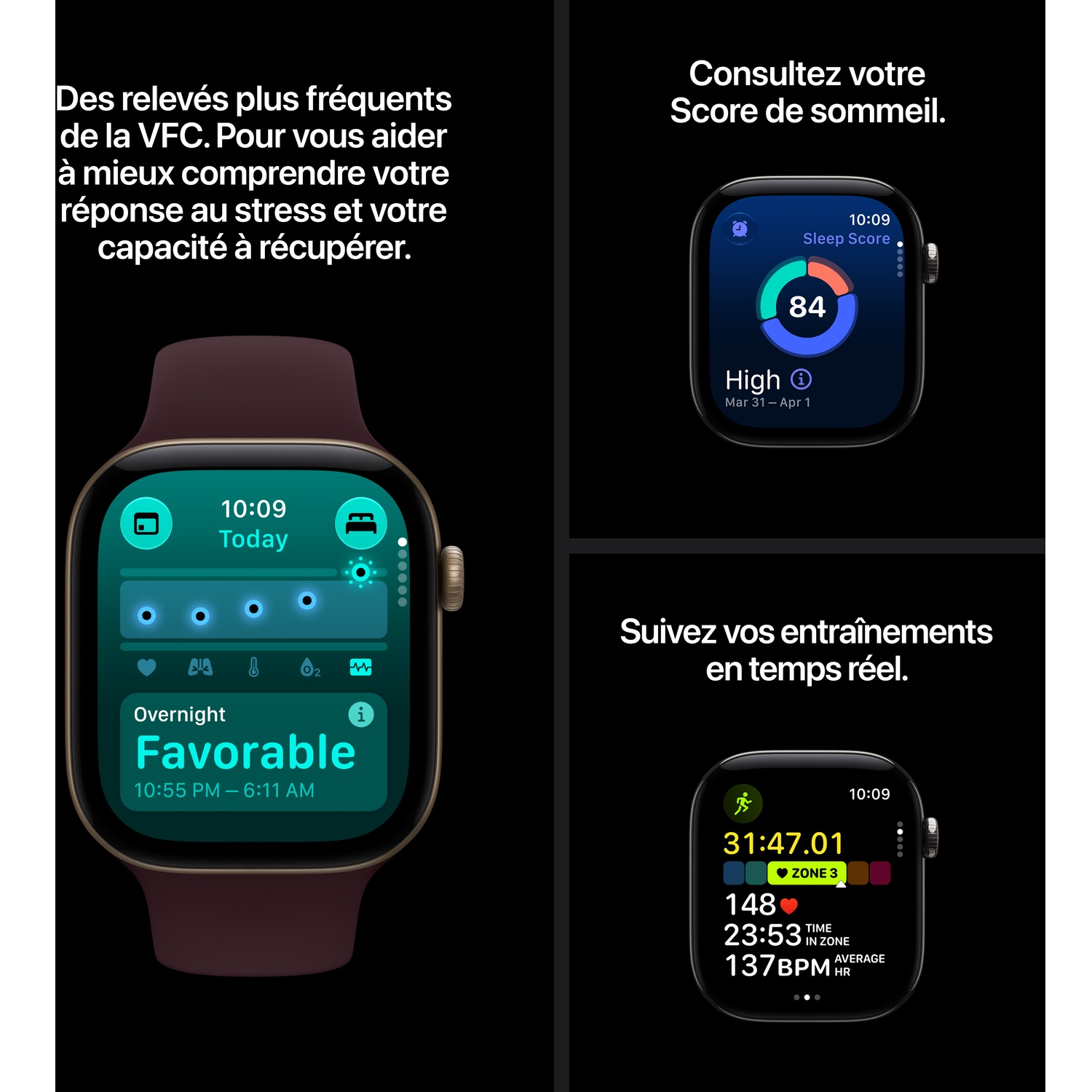 Trois montres connectées affichent des données de santé, le score de sommeil et l'entraînement sur fond noir.