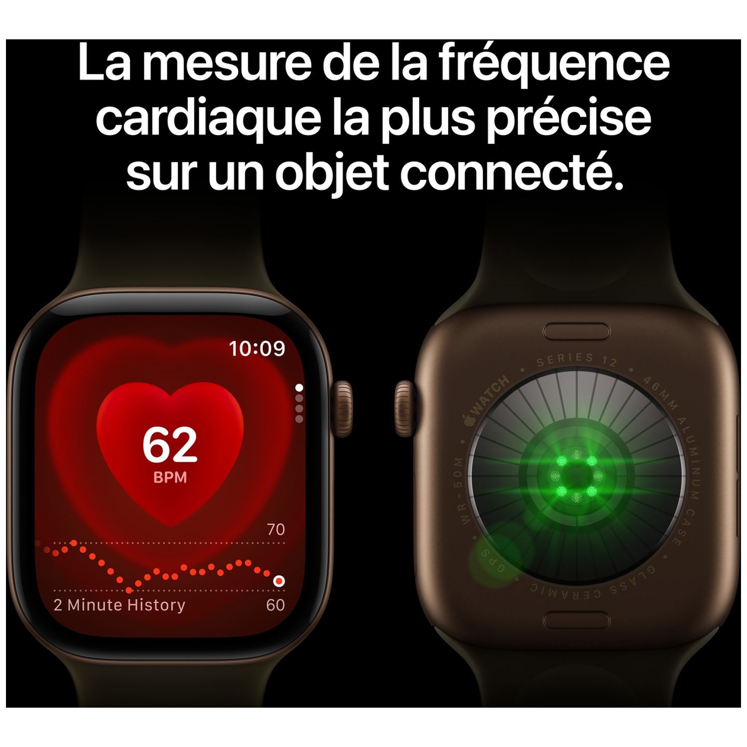 Deux vues d'une Apple Watch montrant l'écran de fréquence cardiaque et les capteurs verts.