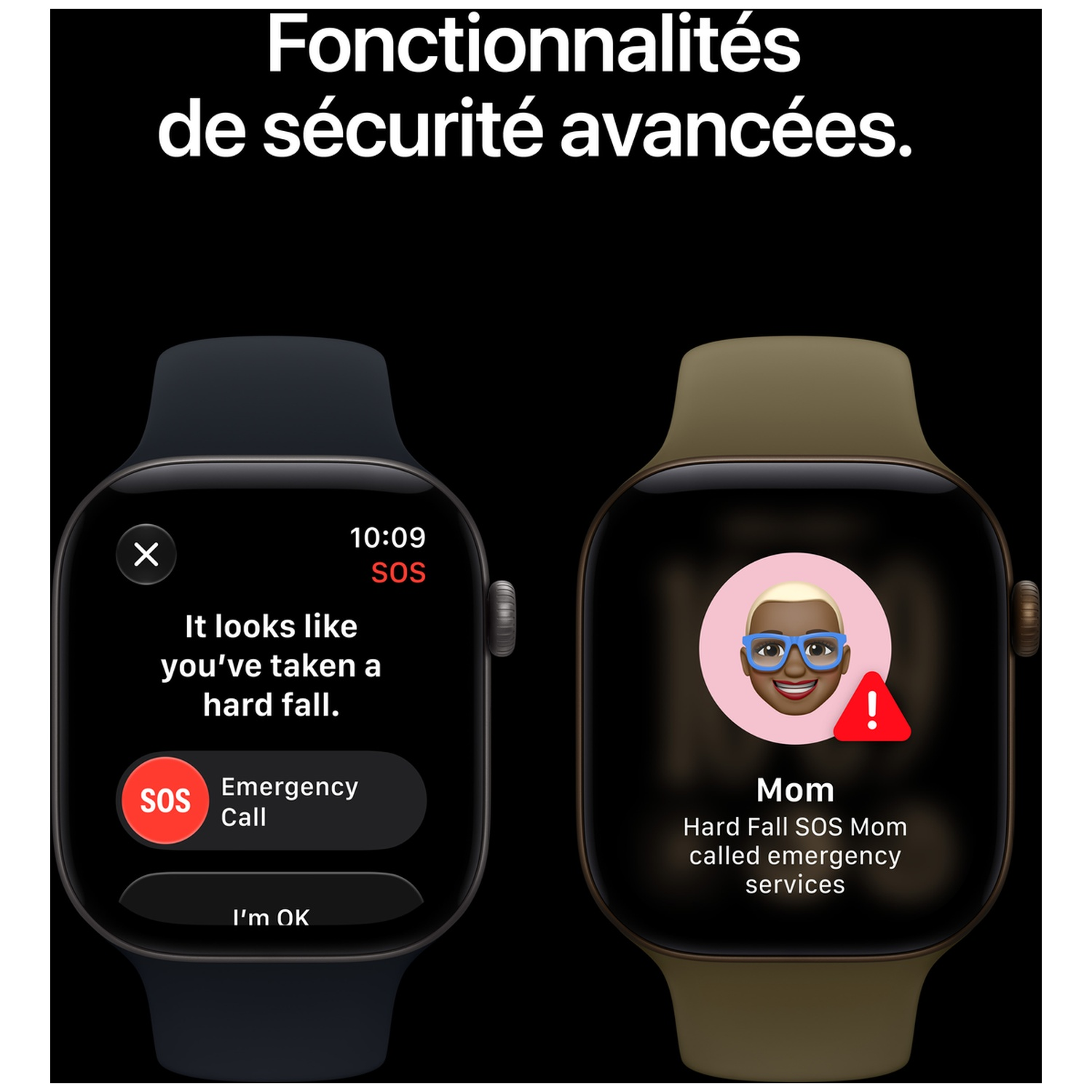 Deux Apple Watch sur fond noir affichant des fonctions d'urgence SOS et de détection de chute.