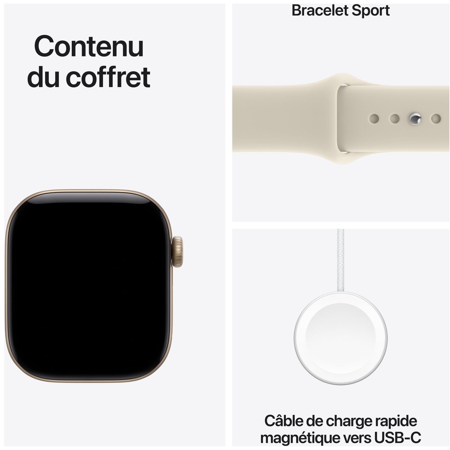 L'image montre le contenu du coffret avec une montre connectée, un bracelet sport et un câble de recharge magnétique.
