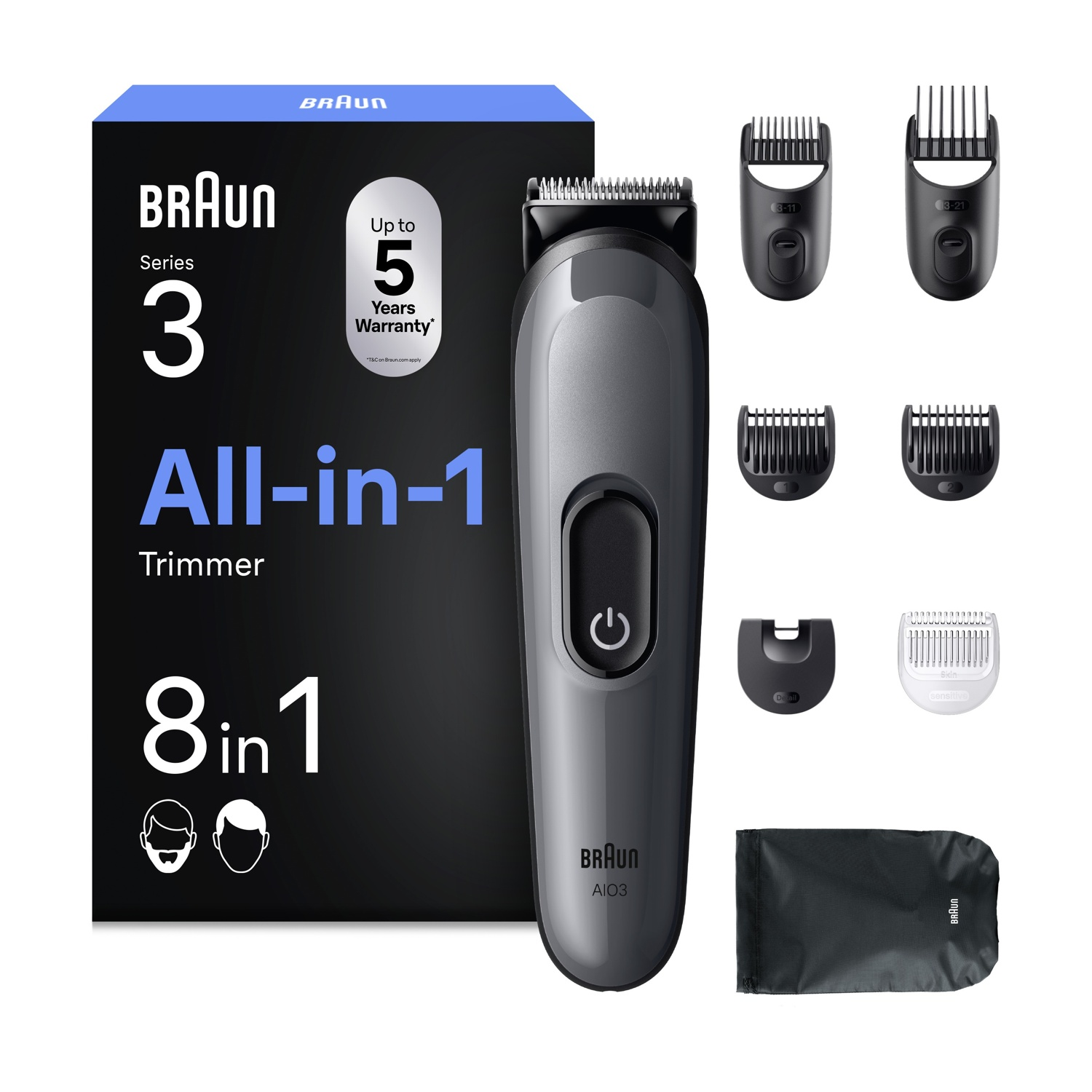 Regolabarba Braun Series 3 All-in-1 con confezione, sei accessori intercambiabili e custodia nera.