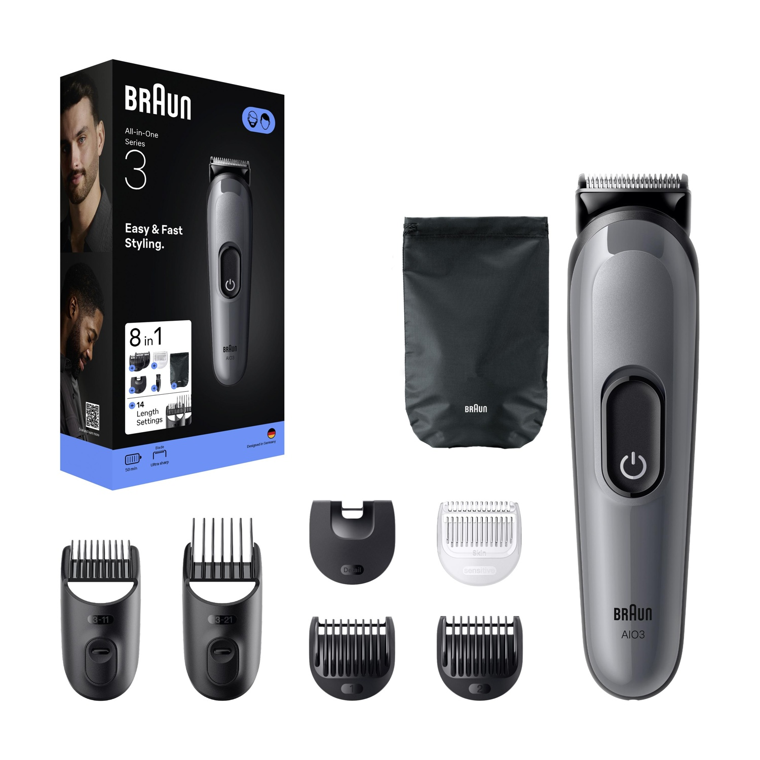 Set rifinitore Braun All-in-One Series 3 con accessori, custodia e scatola su sfondo bianco.