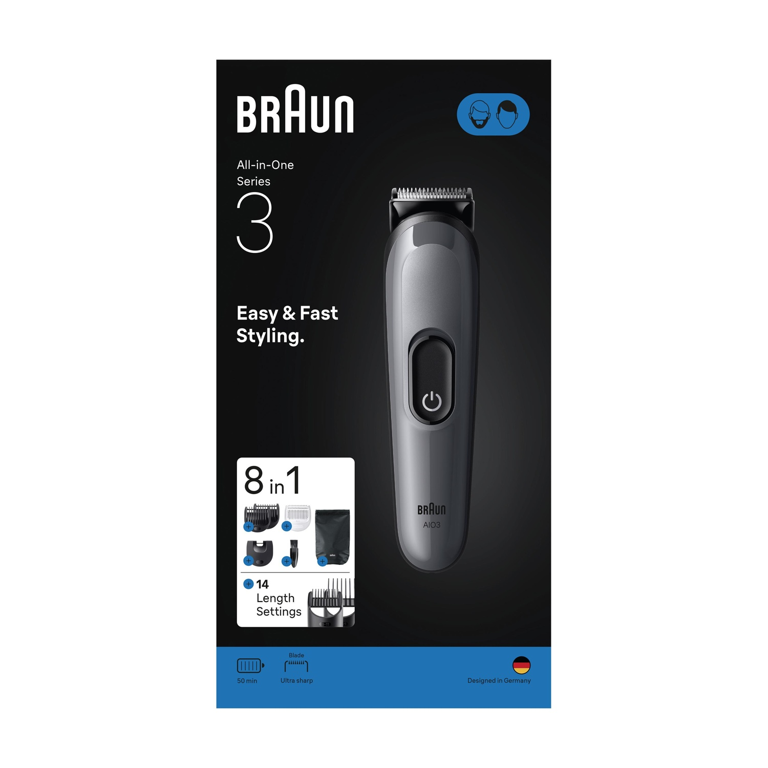 Set rifinitore Braun All-in-One Series 3 in confezione nera con accessori e specifiche.