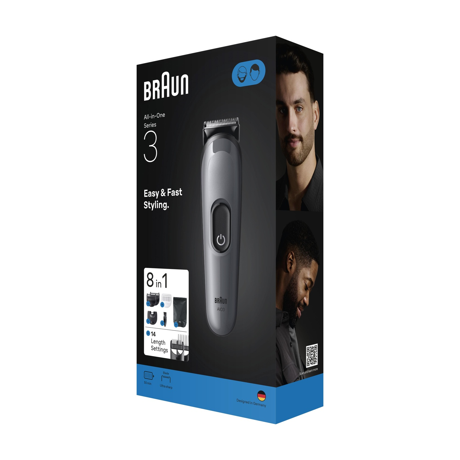 Scatola del tagliabarba Braun All-in-One Series 3 con immagini di uomini e accessori.