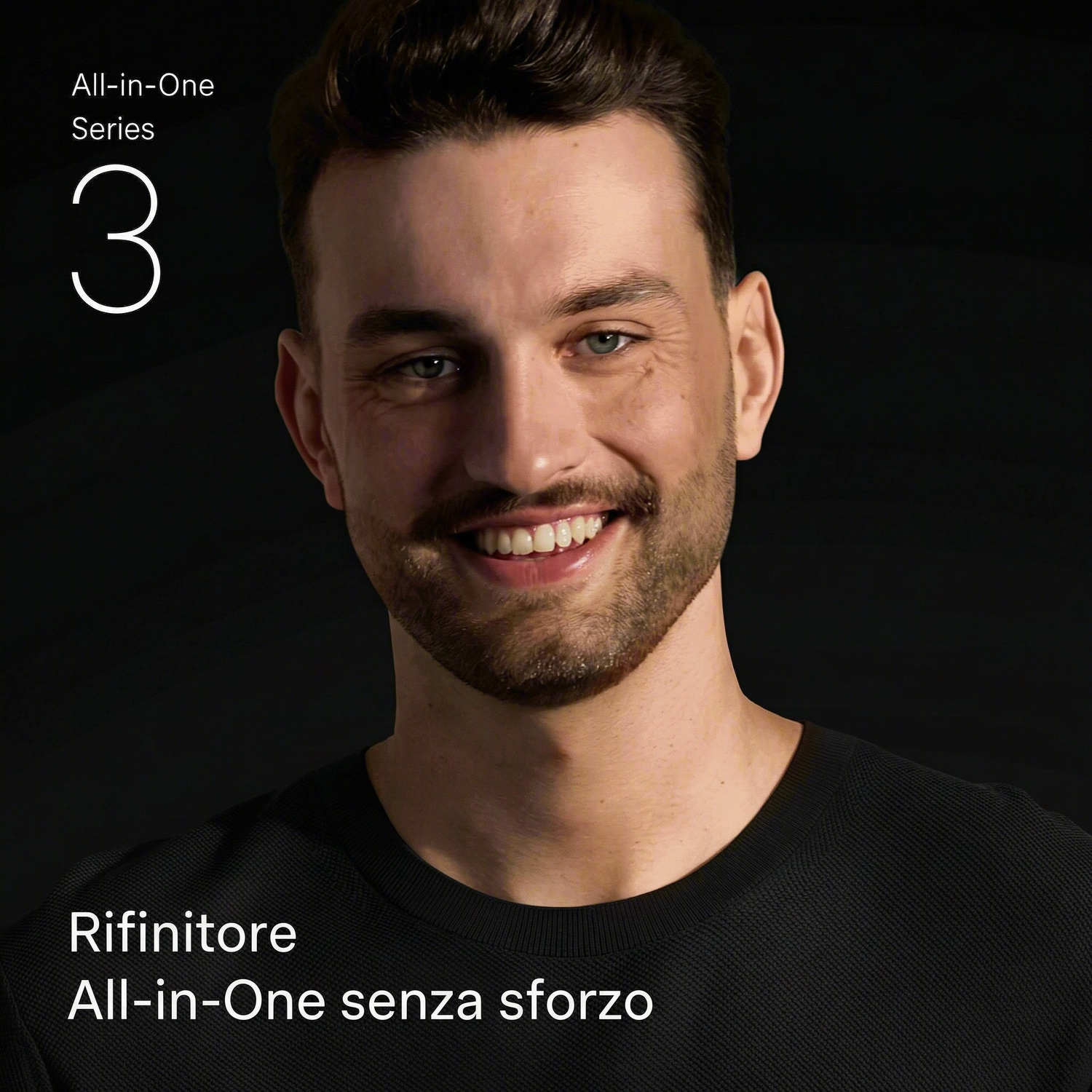 Un uomo sorridente su sfondo nero con testo All-in-One Series 3.