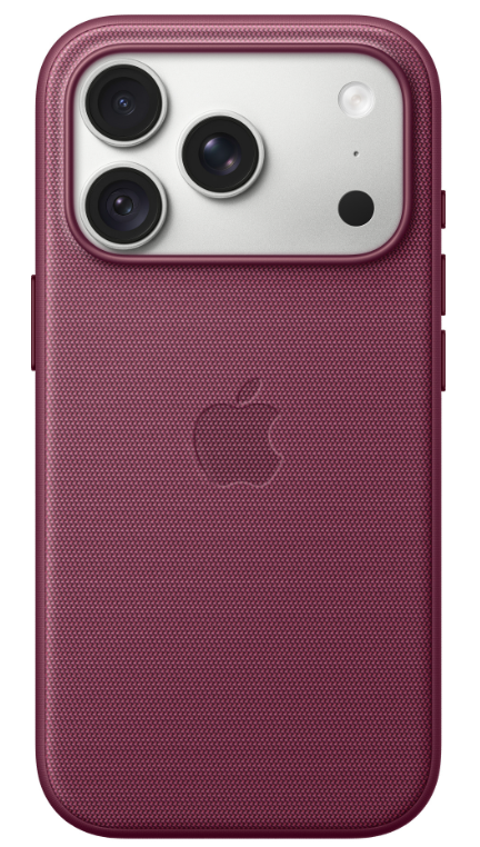 Tył czerwonego smartfona z plecionym etui, logo Apple i potrójnym aparatem w srebrnym module.