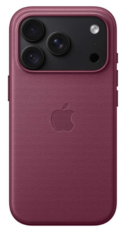 Tył czerwonego smartfona z plecionym etui, logo Apple i potrójnym aparatem.