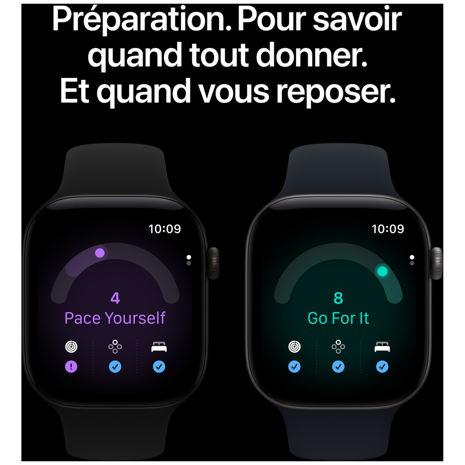 Deux montres intelligentes noires affichent des métriques de santé avec les textes Pace Yourself et Go For It sur fond noir.