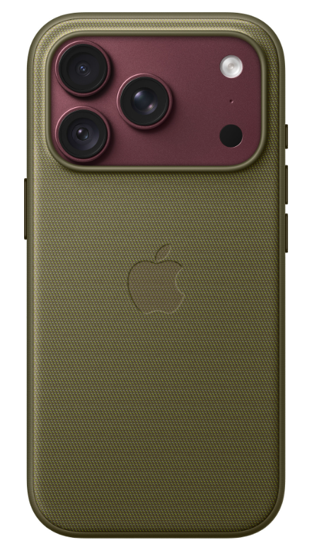 Tył oliwkowego smartfona z trzema aparatami w czerwonym module i logo Apple.