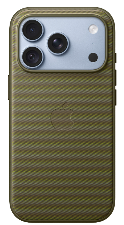 Tył zielonego iPhone'a w teksturowanym etui z potrójnym aparatem i logo Apple.