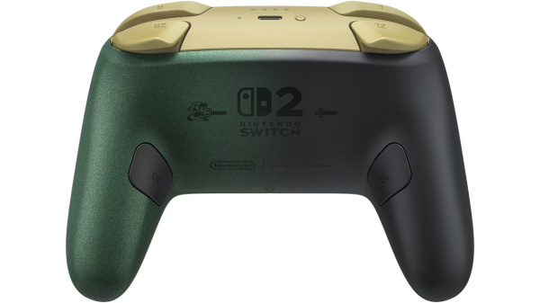 Zielono-czarny kontroler Nintendo Switch 2 ze złotymi akcentami i przyciskami z tyłu na białym tle.