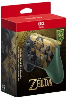Kontroler Pro Nintendo Switch 2 w stylu Zeldy w czerwono-czarnym pudełku.