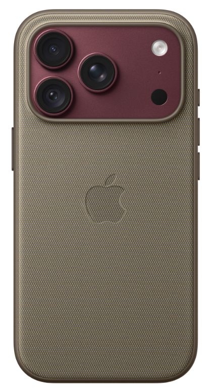 Tył beżowego smartfona w etui, z czerwonym modułem aparatu, trzema obiektywami i logo Apple.