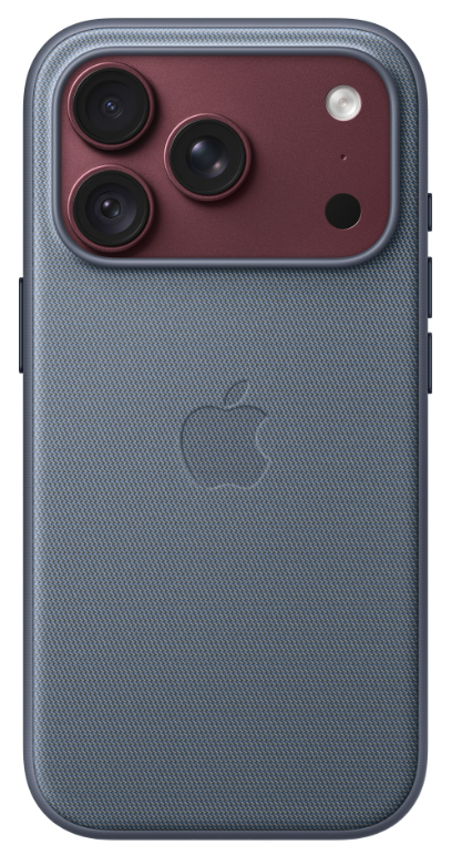 Tył szarego iPhone'a z teksturowanym etui i czerwonym modułem aparatu u góry.