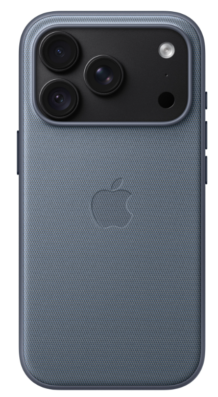 Niebieski tył iPhone'a z teksturowanym etui, logo Apple i potrójnym aparatem.