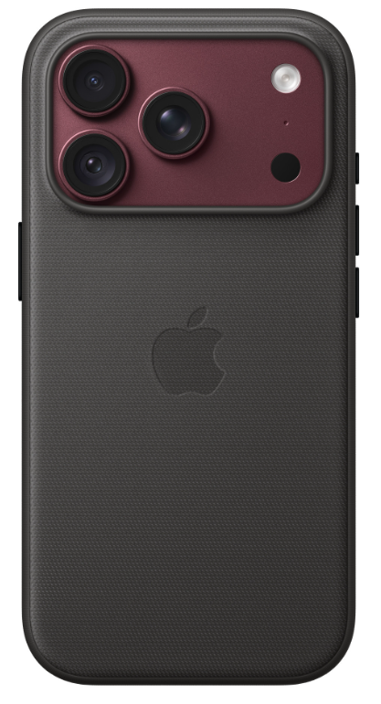 Tył czarnego smartfona z czerwonym modułem aparatu u góry i logo Apple pośrodku.