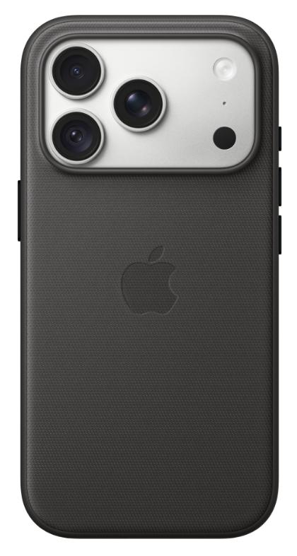 Tył czarnego iPhone'a w teksturowanym etui z wystającym srebrnym modułem aparatu z trzema obiektywami.