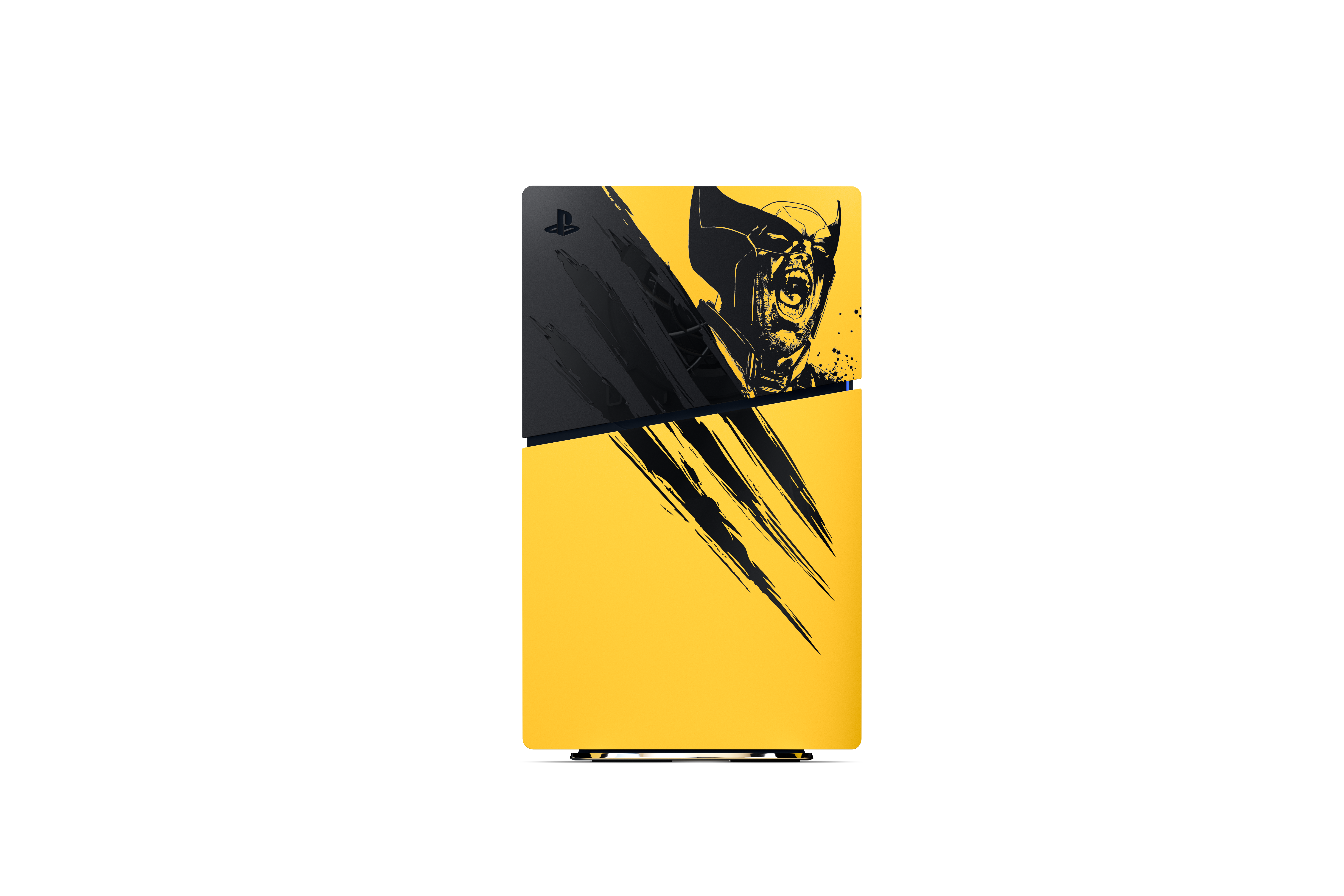 Siyah arka plan üzerinde sarı ve siyah Wolverine tasarımlı bir PlayStation 5 konsolu.