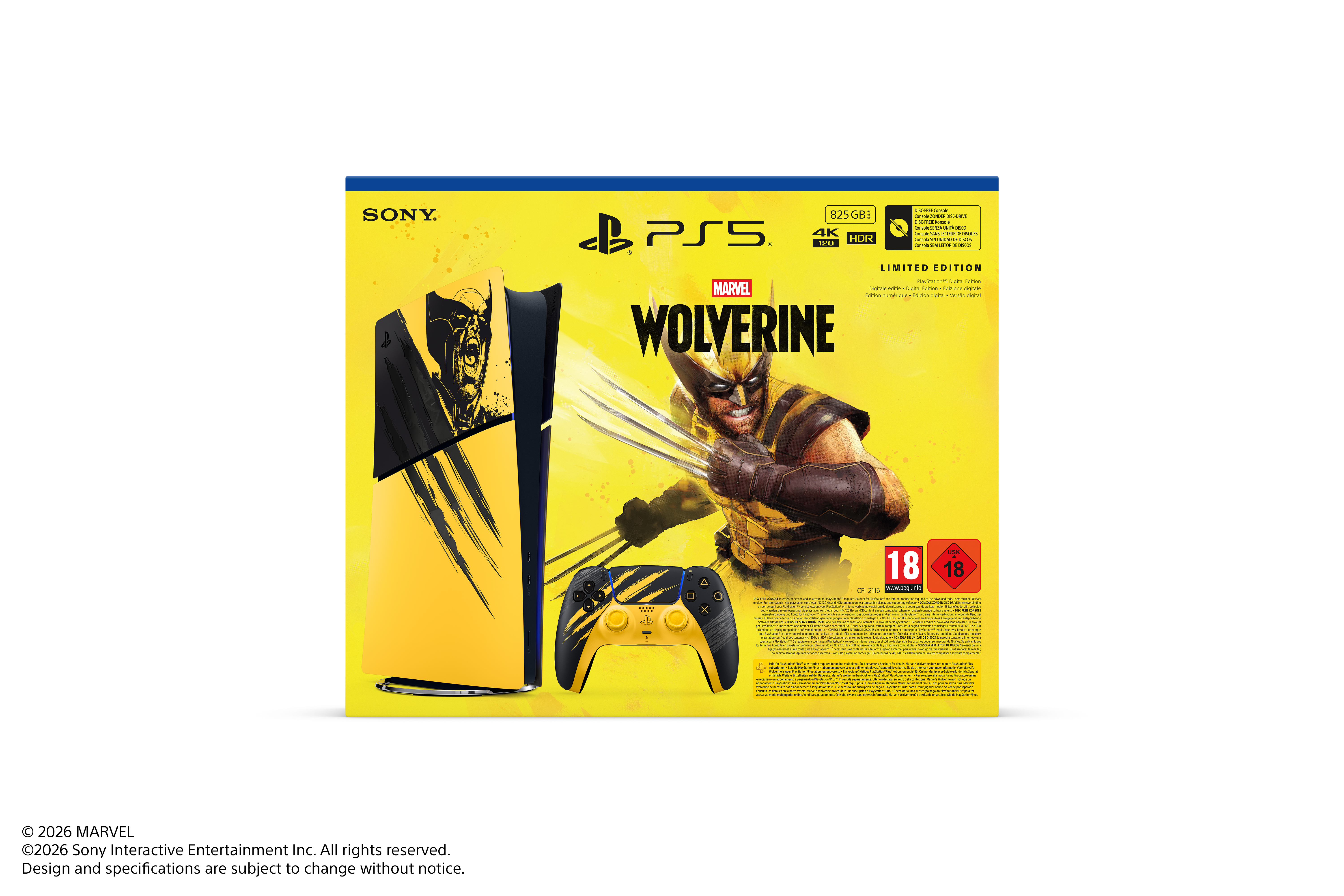 Wolverine grafikleri, uyumlu kontrolcü ve 18+ derecelendirmesiyle sarı renkli sınırlı sayıda PS5 konsol kutusu.