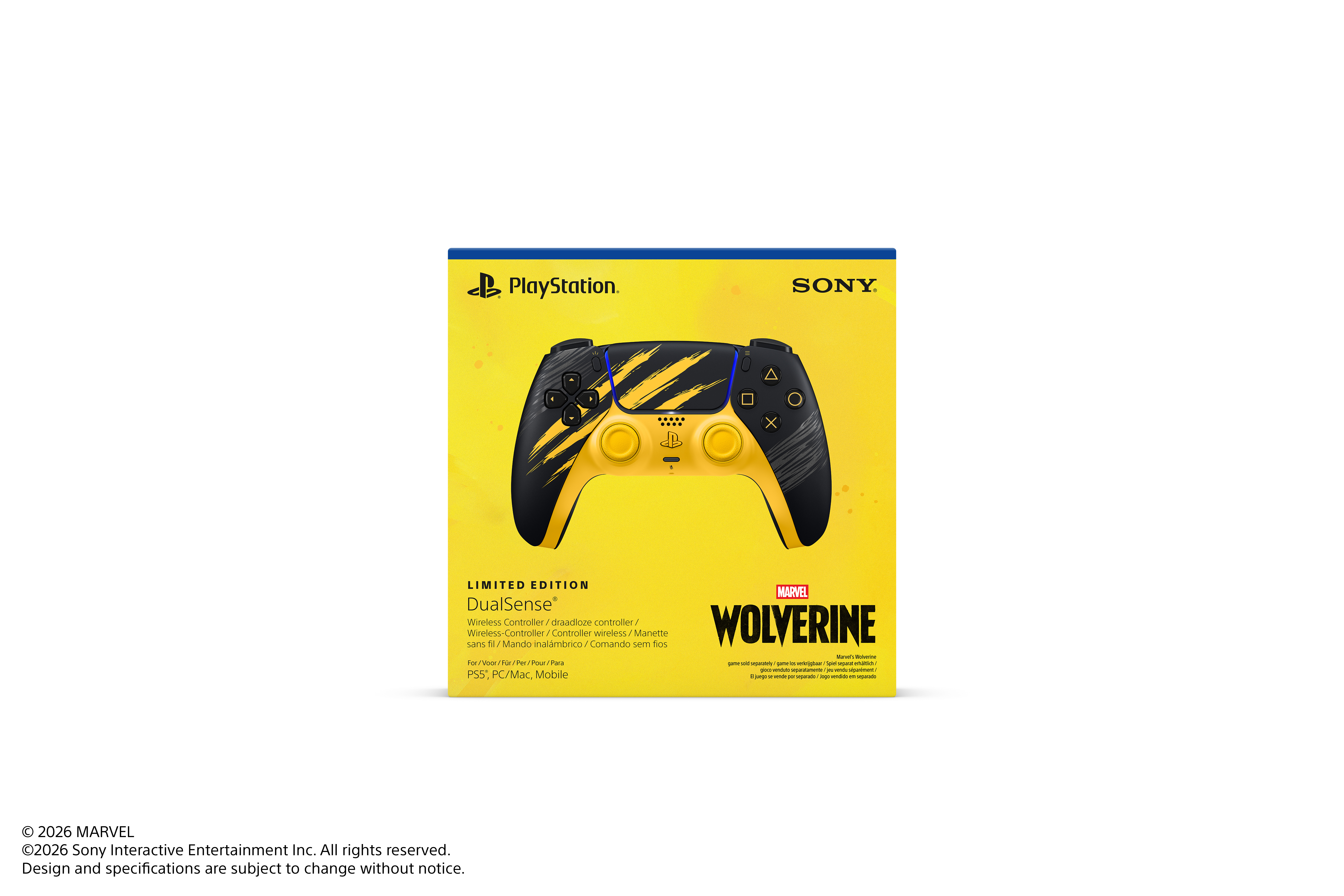 PlayStation logolu sarı ve siyah Marvel Wolverine Sınırlı Üretim DualSense kablosuz kontrol cihazı kutusu.