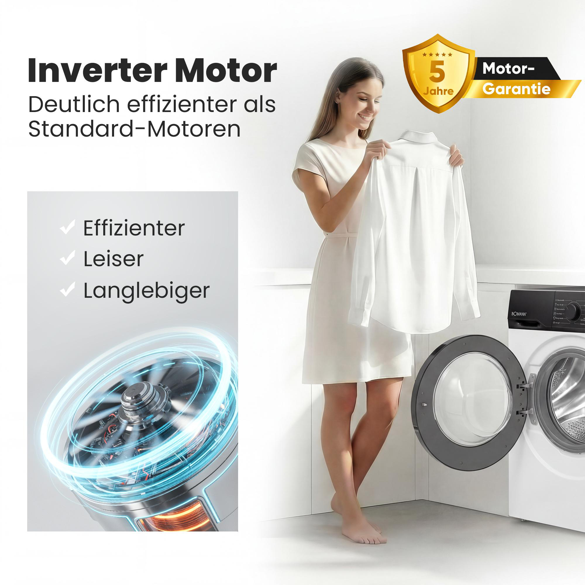 Eine Frau hält ein weißes Hemd neben einer Waschmaschine mit Inverter-Motor.