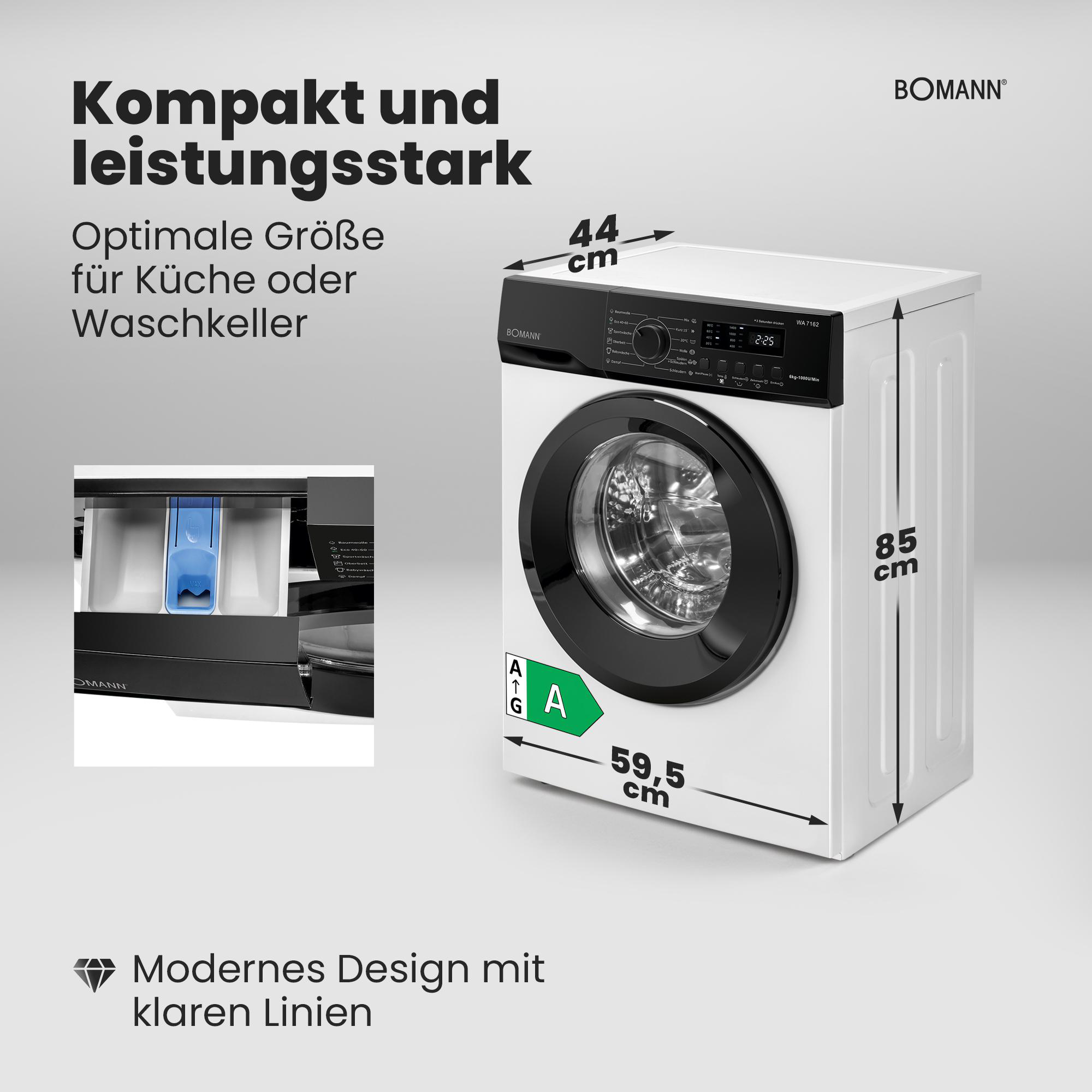 Weiße Bomann Waschmaschine mit Maßen 85x59,5x44 cm und geöffnetem Waschmittelfach, umgeben von Werbetext.