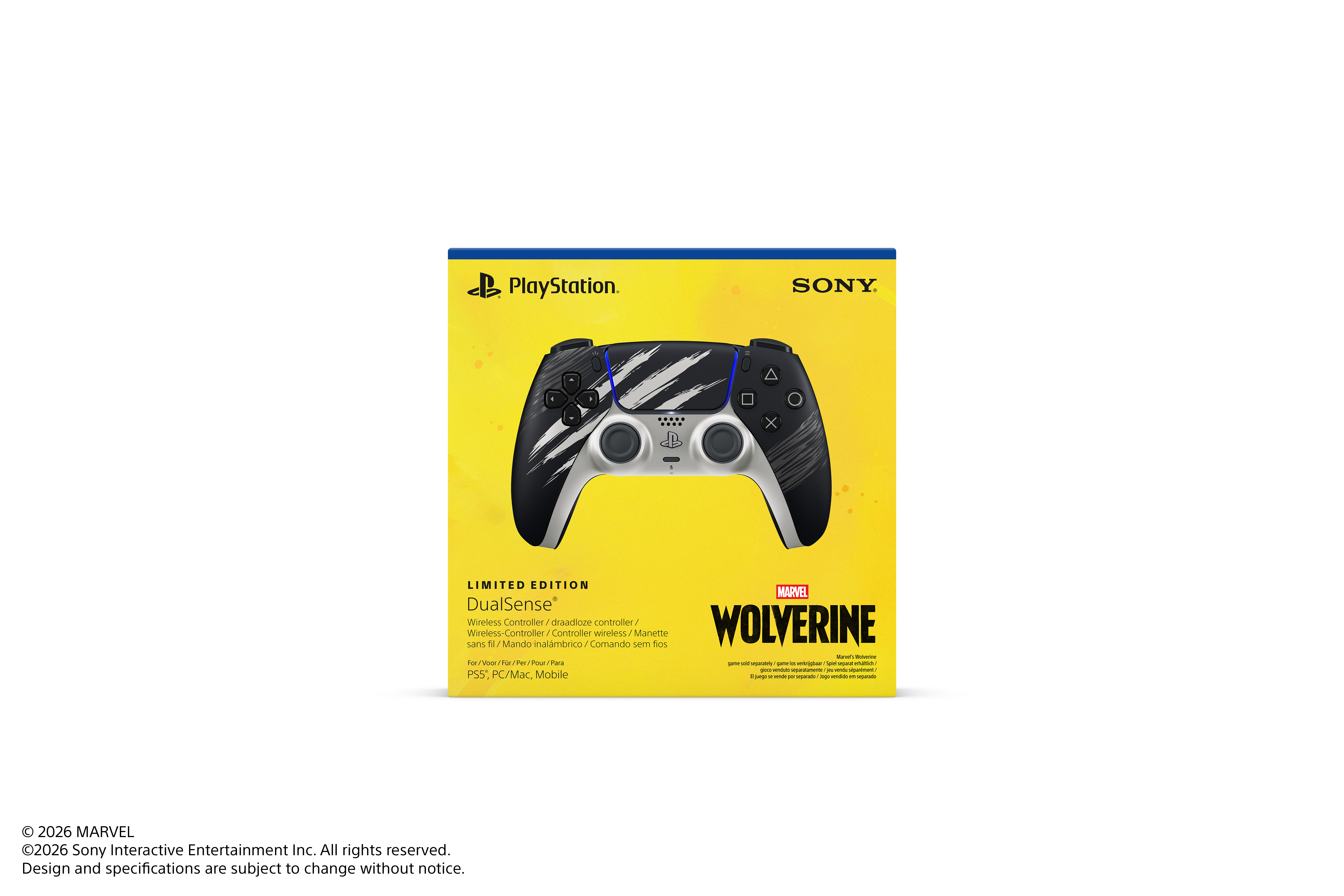 Sarı kutu üzerinde Wolverine tasarımlı sınırlı sayıda PlayStation DualSense kablosuz kumanda.