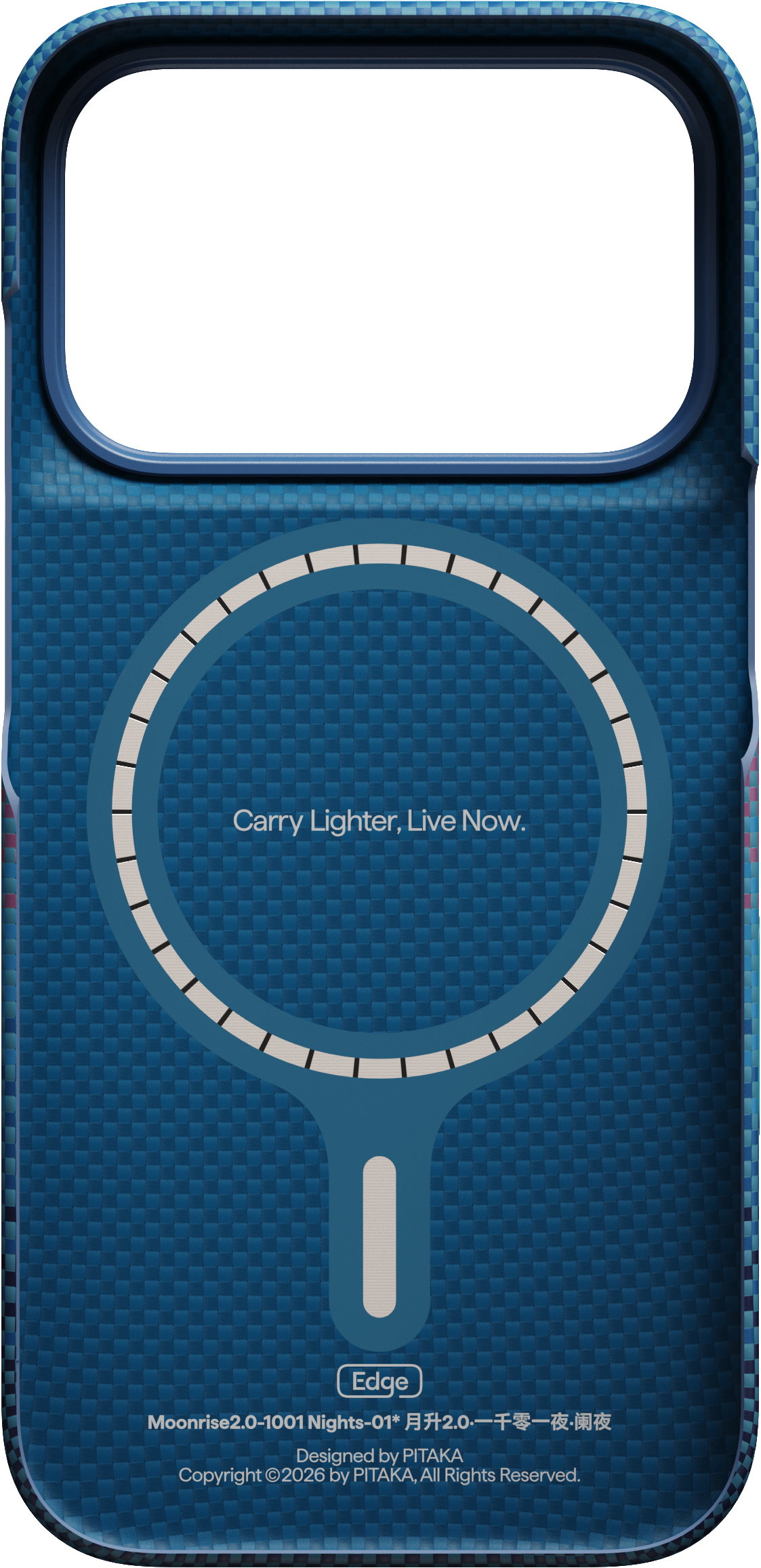 Kék telefontok MagSafe gyűrűvel és a Carry Lighter, Live Now felirattal.
