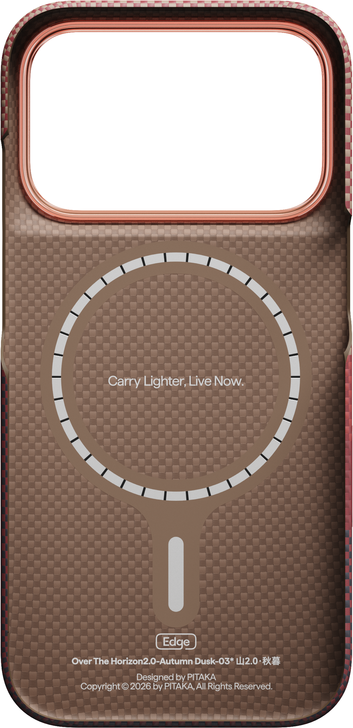 Barna mintás telefonok tok MagSafe gyűrűvel és 'Carry Lighter, Live Now' felirattal.