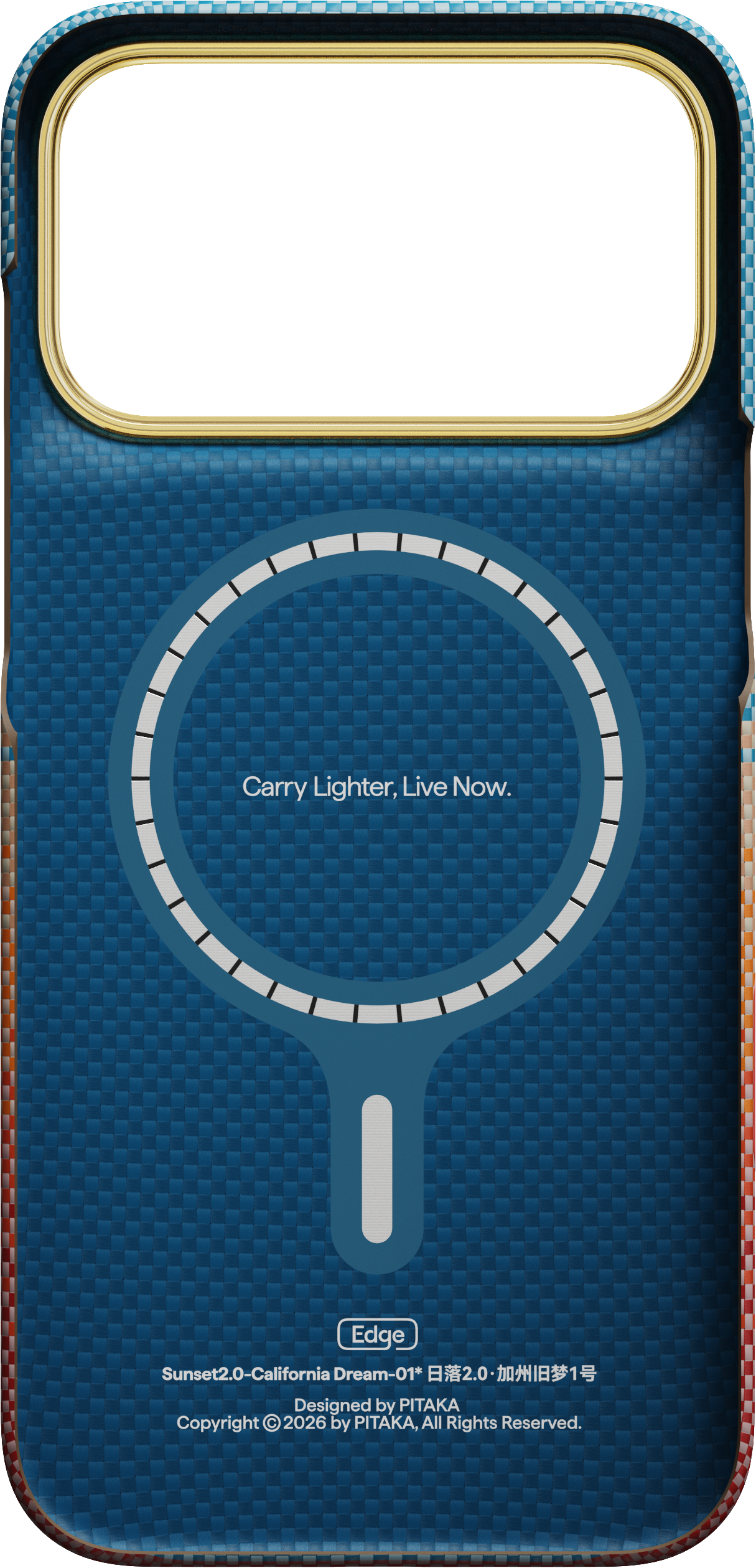 Kék telefontok vezeték nélküli töltőgyűrűvel, „Carry Lighter, Live Now” felirattal és PITAKA logóval.