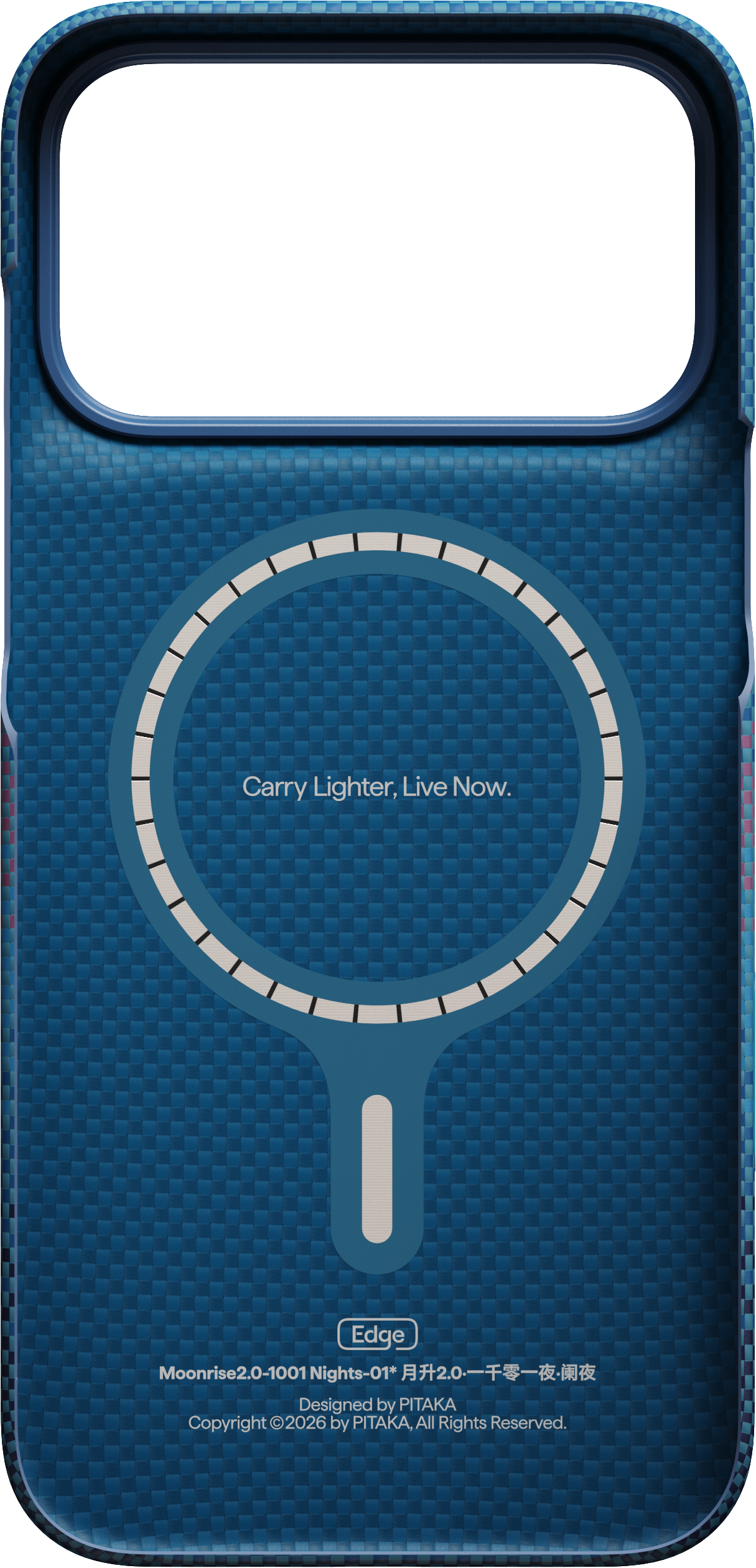 Kék okostelefon tok MagSafe gyűrűvel és Carry Lighter, Live Now felirattal.