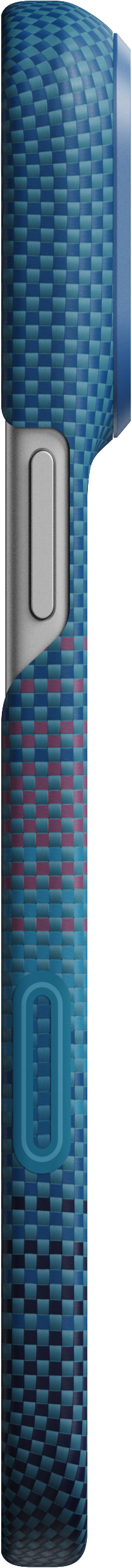 Kék és magenta mint ás eszköz oldalsó nézete szürke gombbal, fekete háttér előtt.